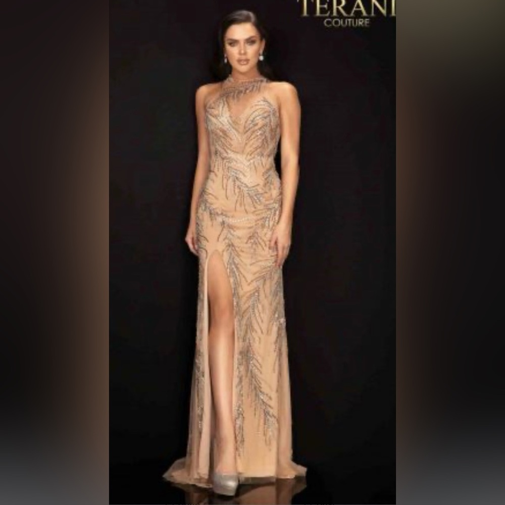 Terani Couture Tan and Silver Embellished 2011P1058